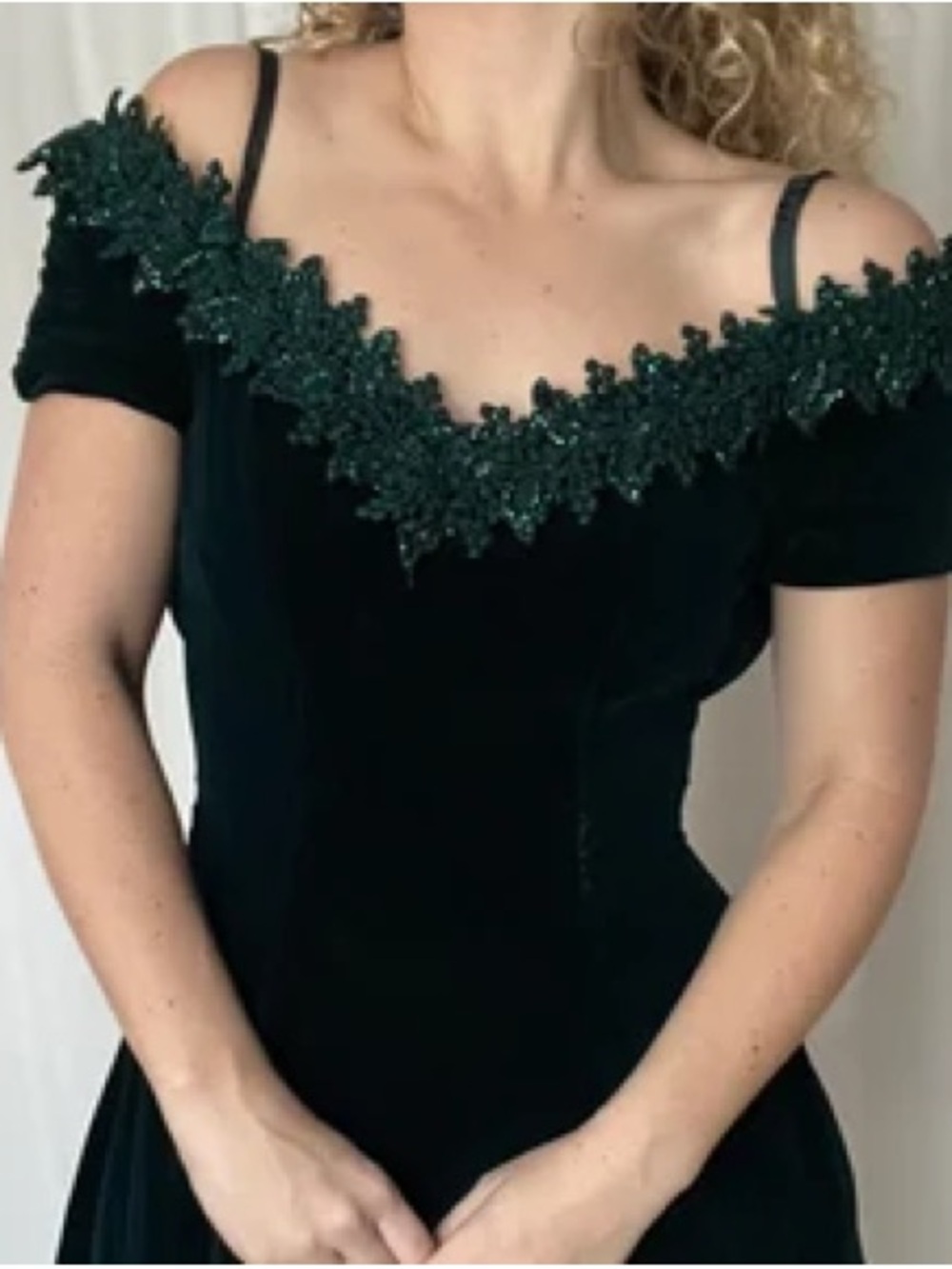 Vintage 80s Niki Velvet Off Shoulder Fit Flare Dress Teal Green